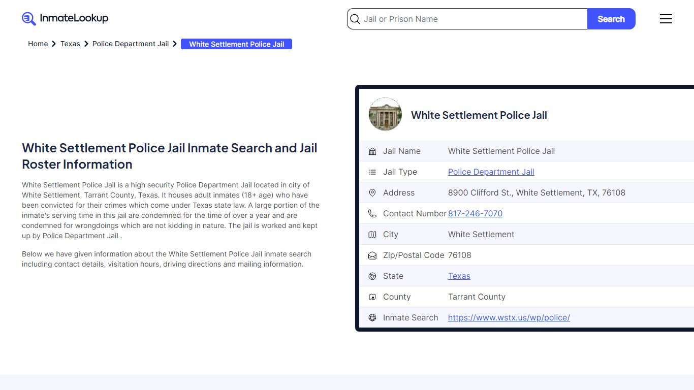White Settlement Police Jail Inmate Search, Jail Roster, Bookings ...