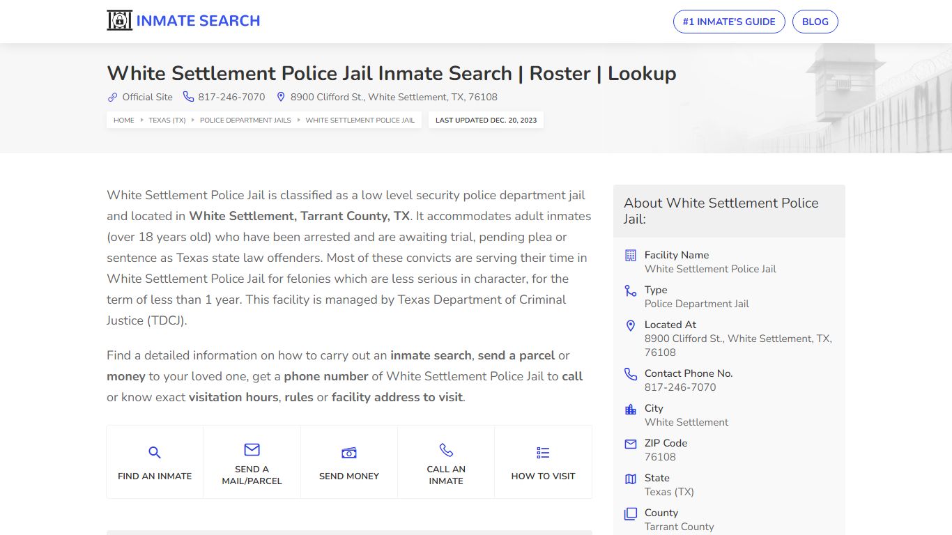 White Settlement Police Jail Inmate Search | Roster | Lookup